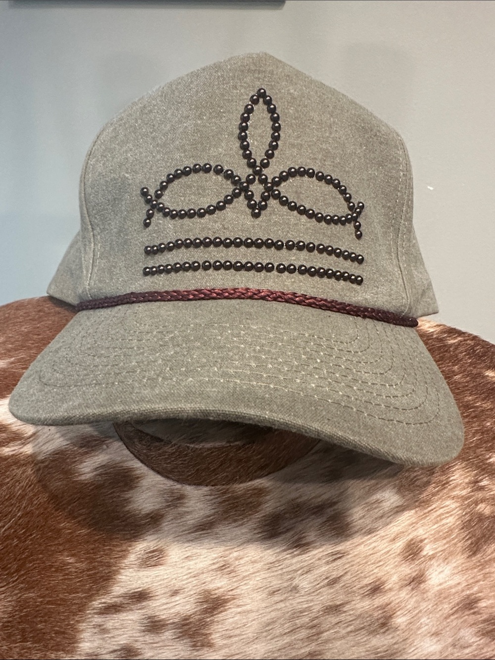 Women’s boot stitch boutique style Olive Green Cap with Studded Crown Detail